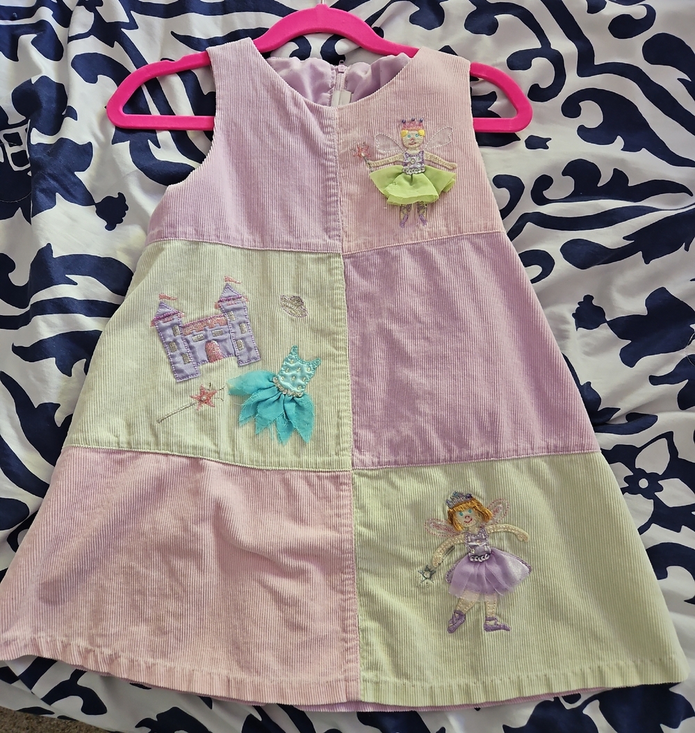 Girls' Patchwork Princess Cord Dress with Embroidered Appliqués